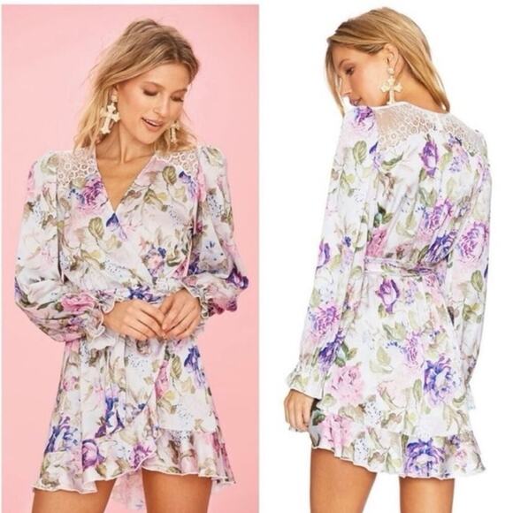 Women's Beach Riot x V. Chapman Lotus Wrap Dress Floral Mini Asymmetrical Lace - Picture 1 of 13